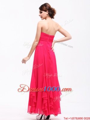 Hot Pink Strapless Zipper Beading and Ruching Hoco Dress Sleeveless