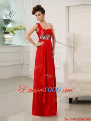 Affordable One Shoulder Chiffon Sleeveless Floor Length Homecoming Dress and Beading and Appliques and Ruching
