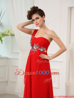 Affordable One Shoulder Chiffon Sleeveless Floor Length Homecoming Dress and Beading and Appliques and Ruching