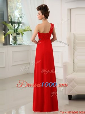 Affordable One Shoulder Chiffon Sleeveless Floor Length Homecoming Dress and Beading and Appliques and Ruching