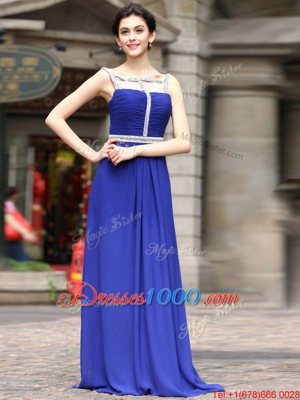 Wonderful Square Sleeveless Prom Party Dress Floor Length Beading Royal Blue Chiffon
