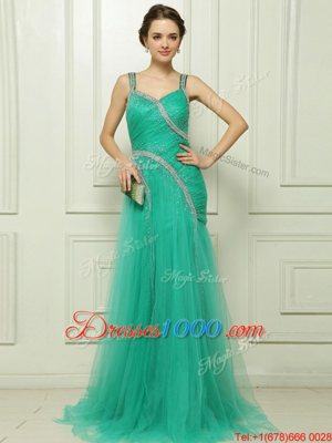 Most Popular Turquoise Sleeveless Organza Brush Train Side Zipper Dress for Prom for Prom and Party
