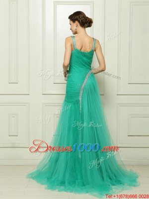 Most Popular Turquoise Sleeveless Organza Brush Train Side Zipper Dress for Prom for Prom and Party