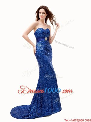 With Train Mermaid Sleeveless Royal Blue Homecoming Dress Brush Train Lace Up