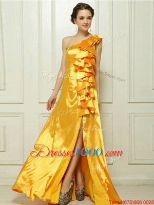 Pretty Gold Column/Sheath One Shoulder Sleeveless Taffeta With Brush Train Zipper Ruffles Prom Party Dress