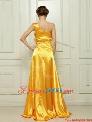 Pretty Gold Column/Sheath One Shoulder Sleeveless Taffeta With Brush Train Zipper Ruffles Prom Party Dress