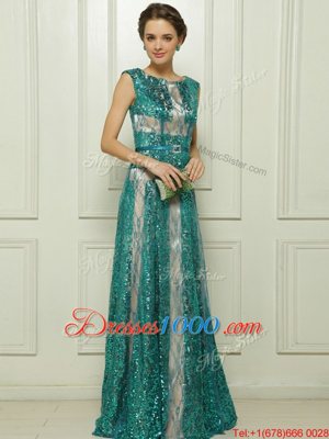 Scoop Teal Sleeveless Floor Length Beading and Sequins Zipper Going Out Dresses