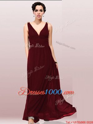 Artistic Burgundy Zipper V-neck Ruching Evening Dress Chiffon Sleeveless