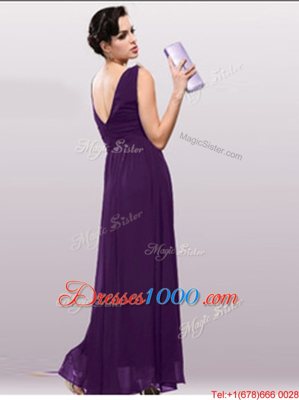 Artistic Burgundy Zipper V-neck Ruching Evening Dress Chiffon Sleeveless