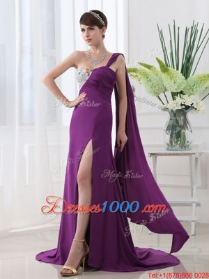 Beautiful One Shoulder Purple Column/Sheath Beading and Sashes|ribbons Prom Dress Zipper Elastic Woven Satin Sleeveless With Train