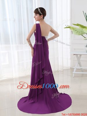 Beautiful One Shoulder Purple Column/Sheath Beading and Sashes|ribbons Prom Dress Zipper Elastic Woven Satin Sleeveless With Train
