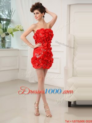 Admirable Strapless Sleeveless Prom Dress Mini Length Beading and Hand Made Flower Red Chiffon