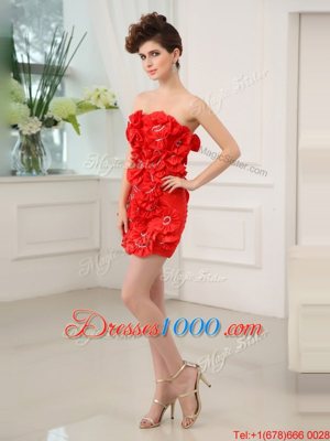 Admirable Strapless Sleeveless Prom Dress Mini Length Beading and Hand Made Flower Red Chiffon