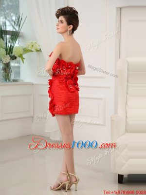 Admirable Strapless Sleeveless Prom Dress Mini Length Beading and Hand Made Flower Red Chiffon