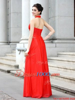 Coral Red Empire Chiffon V-neck Sleeveless Beading Floor Length Zipper Dress for Prom