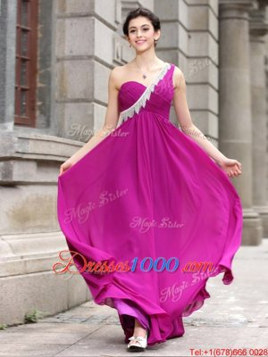 Top Selling One Shoulder Fuchsia Sleeveless Chiffon Zipper Dress for Prom for Prom and Party