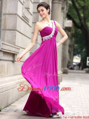 Top Selling One Shoulder Fuchsia Sleeveless Chiffon Zipper Dress for Prom for Prom and Party