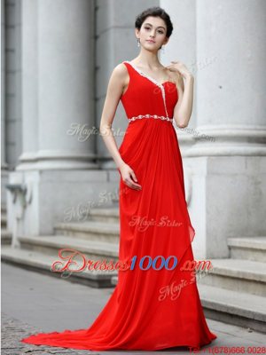 Flirting Red Chiffon Zipper One Shoulder Sleeveless With Train Prom Gown Brush Train Beading and Ruching