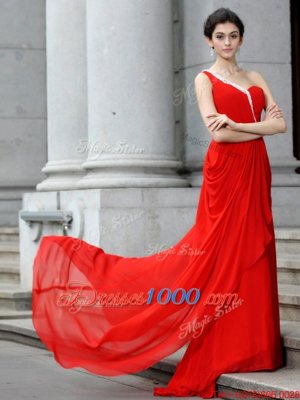 Flirting Red Chiffon Zipper One Shoulder Sleeveless With Train Prom Gown Brush Train Beading and Ruching