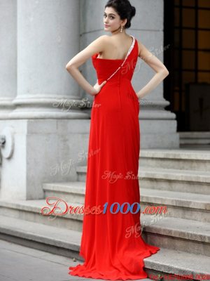 Flirting Red Chiffon Zipper One Shoulder Sleeveless With Train Prom Gown Brush Train Beading and Ruching