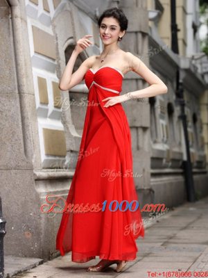 Hot Sale Coral Red Zipper Homecoming Dress Beading Sleeveless Ankle Length