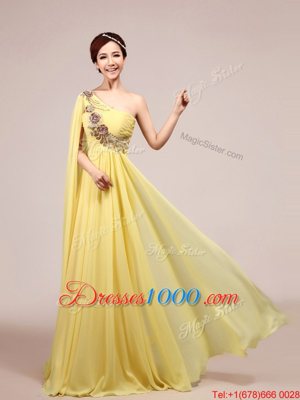 Nice One Shoulder Light Yellow Sleeveless Sweep Train Appliques and Ruching With Train Prom Evening Gown