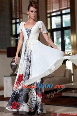 Fine Off the Shoulder Ankle Length Multi-color Homecoming Dress Chiffon Cap Sleeves Beading and Pattern