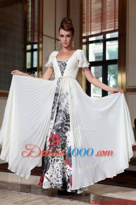 Fine Off the Shoulder Ankle Length Multi-color Homecoming Dress Chiffon Cap Sleeves Beading and Pattern