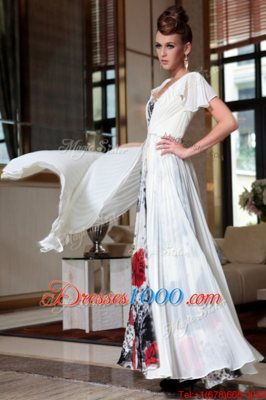 Fine Off the Shoulder Ankle Length Multi-color Homecoming Dress Chiffon Cap Sleeves Beading and Pattern