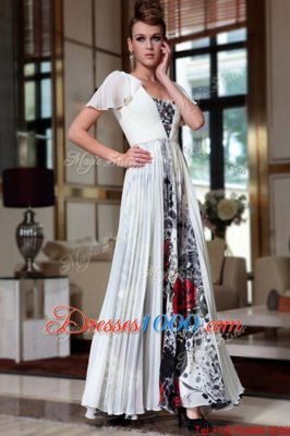 Fine Off the Shoulder Ankle Length Multi-color Homecoming Dress Chiffon Cap Sleeves Beading and Pattern