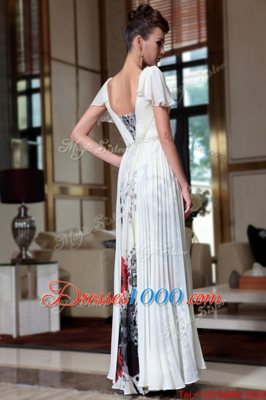 Fine Off the Shoulder Ankle Length Multi-color Homecoming Dress Chiffon Cap Sleeves Beading and Pattern