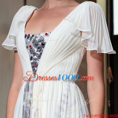 Fine Off the Shoulder Ankle Length Multi-color Homecoming Dress Chiffon Cap Sleeves Beading and Pattern