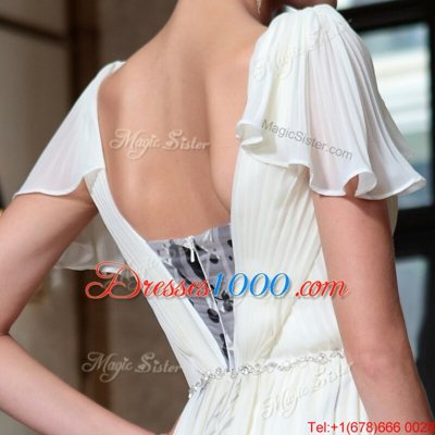 Fine Off the Shoulder Ankle Length Multi-color Homecoming Dress Chiffon Cap Sleeves Beading and Pattern