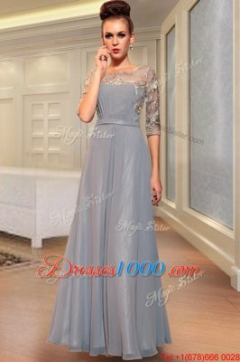 Grey Square Neckline Beading and Embroidery Prom Gown Half Sleeves Side Zipper
