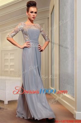 Grey Square Neckline Beading and Embroidery Prom Gown Half Sleeves Side Zipper