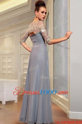 Grey Square Neckline Beading and Embroidery Prom Gown Half Sleeves Side Zipper