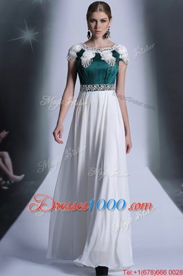 White Evening Dress Prom and Party and For with Appliques Scoop Cap Sleeves Zipper