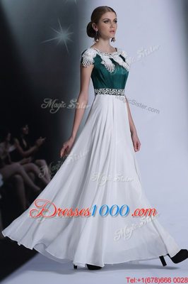 White Evening Dress Prom and Party and For with Appliques Scoop Cap Sleeves Zipper