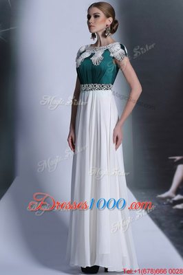 White Evening Dress Prom and Party and For with Appliques Scoop Cap Sleeves Zipper