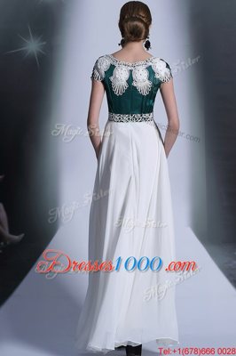 White Evening Dress Prom and Party and For with Appliques Scoop Cap Sleeves Zipper