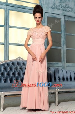 Hot Sale Chiffon Bateau Cap Sleeves Side Zipper Lace and Hand Made Flower Prom Gown in Pink