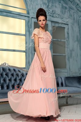 Hot Sale Chiffon Bateau Cap Sleeves Side Zipper Lace and Hand Made Flower Prom Gown in Pink