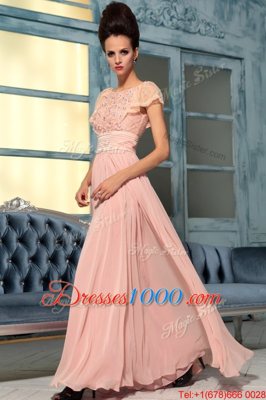 Hot Sale Chiffon Bateau Cap Sleeves Side Zipper Lace and Hand Made Flower Prom Gown in Pink