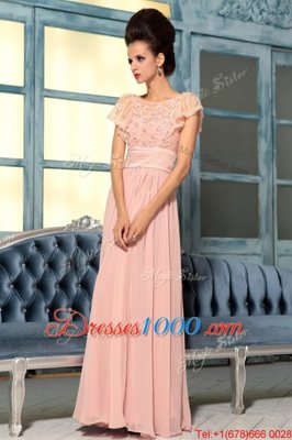 Hot Sale Chiffon Bateau Cap Sleeves Side Zipper Lace and Hand Made Flower Prom Gown in Pink