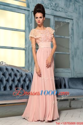 Hot Sale Chiffon Bateau Cap Sleeves Side Zipper Lace and Hand Made Flower Prom Gown in Pink