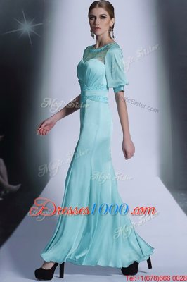 Aqua Blue Zipper Bateau Sequins and Pleated Homecoming Dress Chiffon Half Sleeves