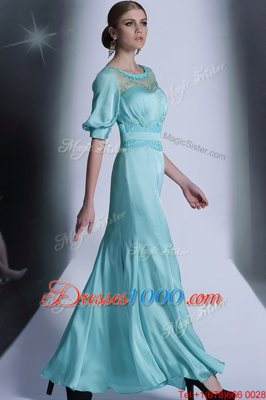 Aqua Blue Zipper Bateau Sequins and Pleated Homecoming Dress Chiffon Half Sleeves