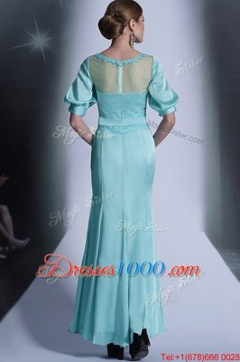 Aqua Blue Zipper Bateau Sequins and Pleated Homecoming Dress Chiffon Half Sleeves