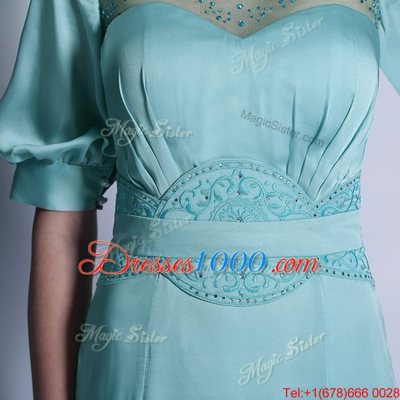 Aqua Blue Zipper Bateau Sequins and Pleated Homecoming Dress Chiffon Half Sleeves