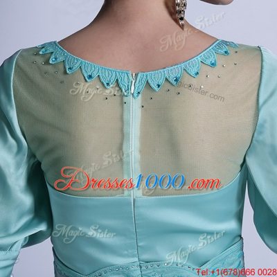 Aqua Blue Zipper Bateau Sequins and Pleated Homecoming Dress Chiffon Half Sleeves